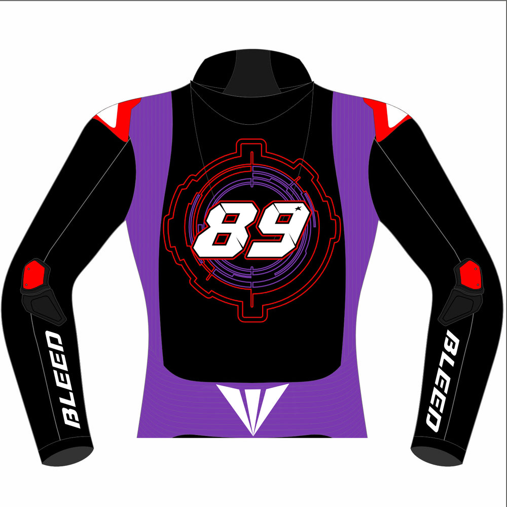 Jorge Martín 2025 MotoGP Barcelona winter test leather racing jacket back view in black and purple with number 89 tech circuit design