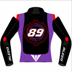 Jorge Martín 2025 MotoGP Barcelona winter test leather racing jacket back view in black and purple with number 89 tech circuit design