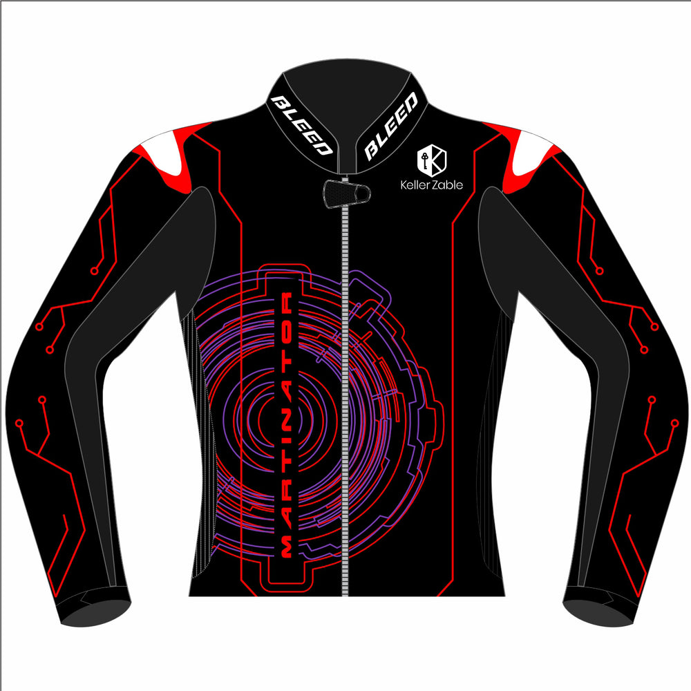 Jorge Martín 2025 MotoGP Barcelona winter test leather racing jacket front view in black, purple and red with Martinator circuit graphic