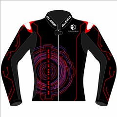 Jorge Martín 2025 MotoGP Barcelona winter test leather racing jacket front view in black, purple and red with Martinator circuit graphic