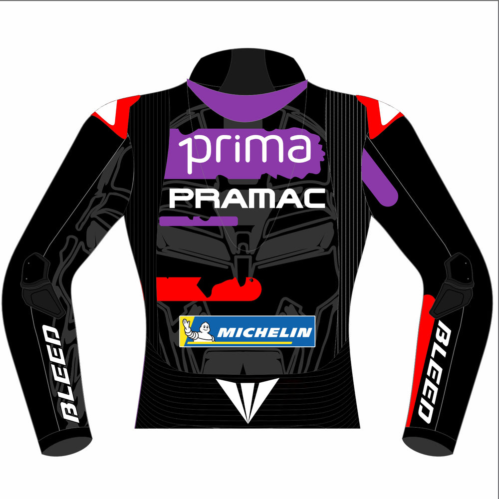 Jorge Martín Prima Pramac 2024 World Champion MotoGP leather racing jacket back view in black with purple and red Prima Pramac graphics