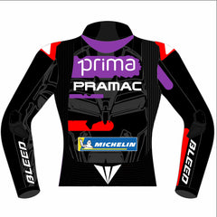 Jorge Martín Prima Pramac 2024 World Champion MotoGP leather racing jacket back view in black with purple and red Prima Pramac graphics