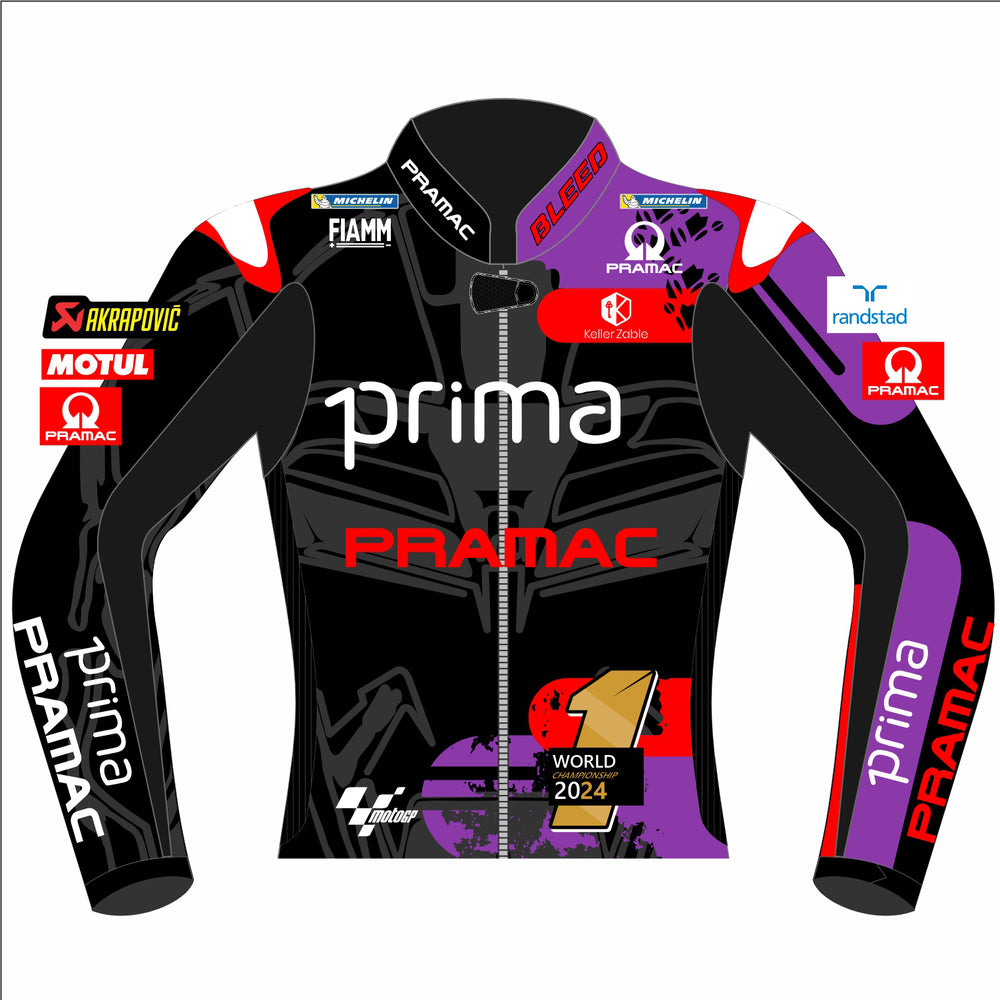 Jorge Martín Prima Pramac 2024 World Champion MotoGP leather racing jacket front view in black, purple and red with number 1 championship graphic