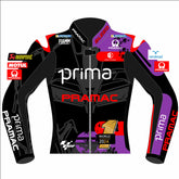 Jorge MartÃn Prima Pramac 2024 World Champion MotoGP leather racing jacket front view in black, purple and red with number 1 championship graphic