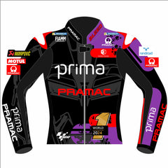 Jorge Martín Prima Pramac 2024 World Champion MotoGP leather racing jacket front view in black, purple and red with number 1 championship graphic