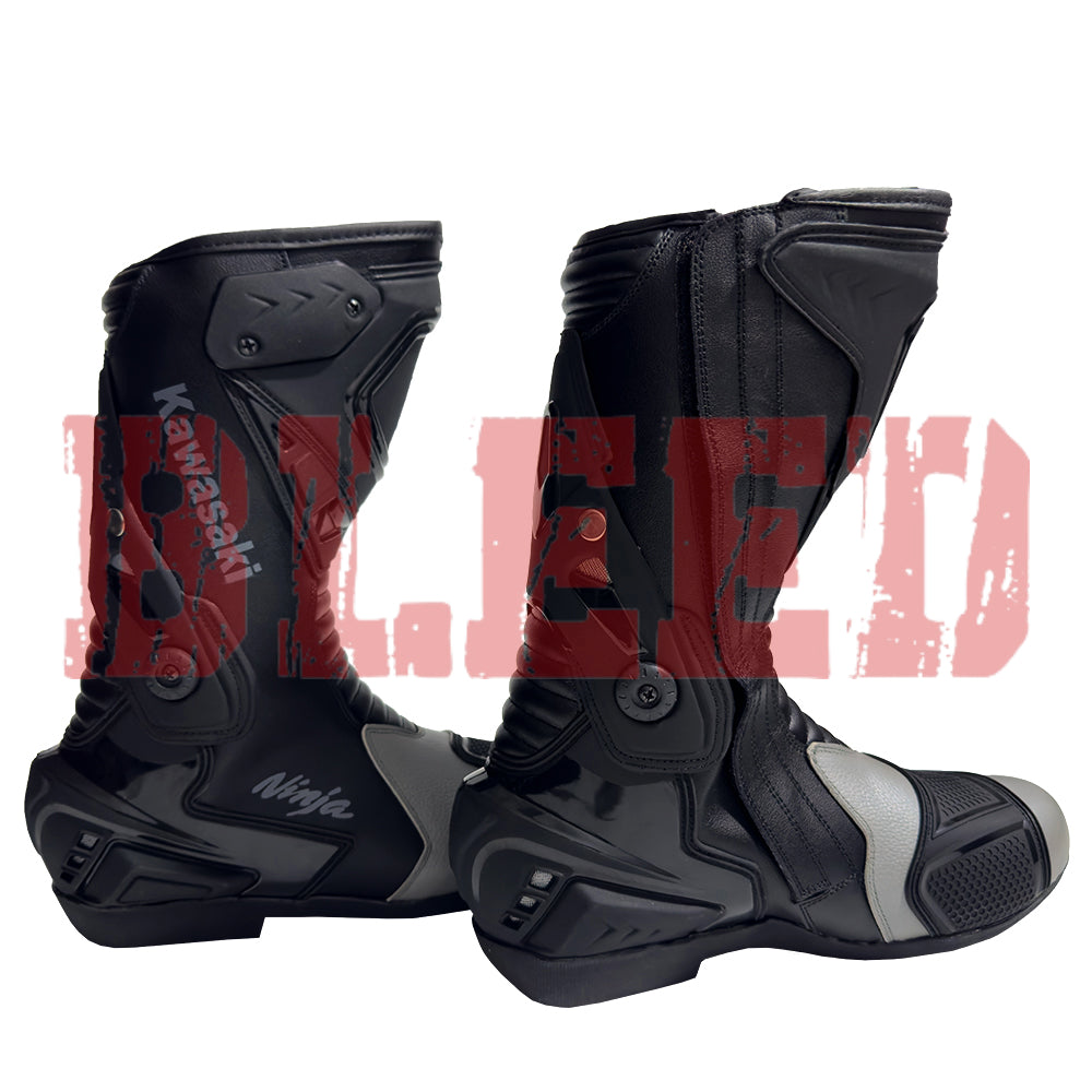 Kawasaki Ninja motorbike leather riding boots detail view