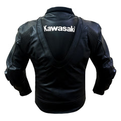 Back view of Kawasaki Ninja black motorcycle jacket with stretch panels