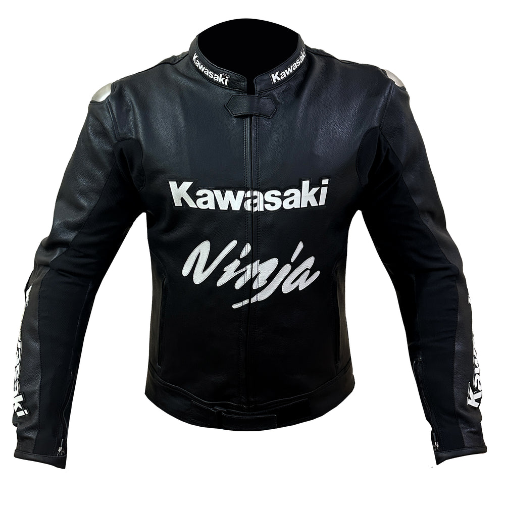 Front view of Kawasaki Ninja black motorcycle leather racing jacket