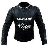 Front view of Kawasaki Ninja black motorcycle leather racing jacket