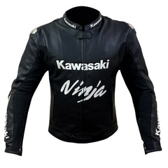 Front view of Kawasaki Ninja black motorcycle leather racing jacket
