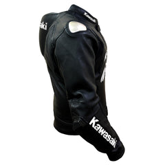 Side view of Kawasaki Ninja leather jacket with shoulder and elbow protection