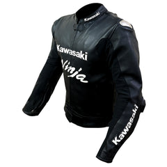 Three-quarter view of Kawasaki Ninja black leather motorcycle jacket