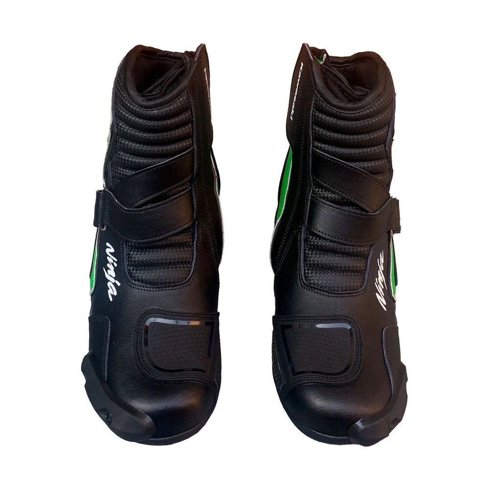 Kawasaki Ninja leather motorbike racing boots green black front view