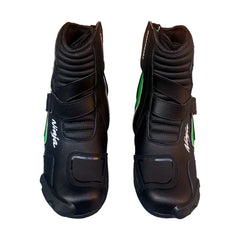 Kawasaki Ninja leather motorbike racing boots green black front view