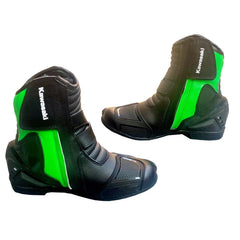 Kawasaki Ninja leather motorbike racing boots green black detail view