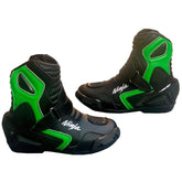 Kawasaki Ninja leather motorbike racing boots green black side view