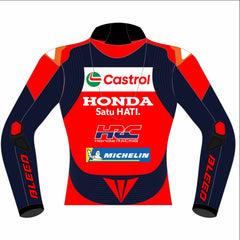 Luca Marini Castrol Honda HRC 2025 MotoGP leather racing jacket back view in red and navy with Castrol Honda graphics and elbow sliders