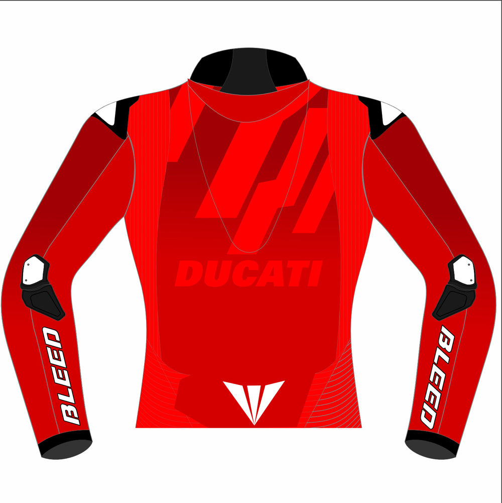 Marc Márquez Ducati 2025 MotoGP winter test leather racing jacket back view in red with black shoulder panels and elbow sliders