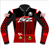 Marco Bezzecchi 2025 MotoGP Barcelona winter test leather racing jacket front view in red and black with number 72 and Simply the Bez graphic