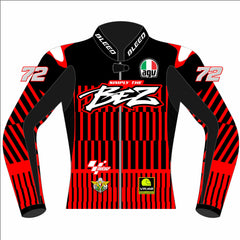 Marco Bezzecchi 2025 MotoGP Barcelona winter test leather racing jacket front view in red and black with number 72 and Simply the Bez graphic