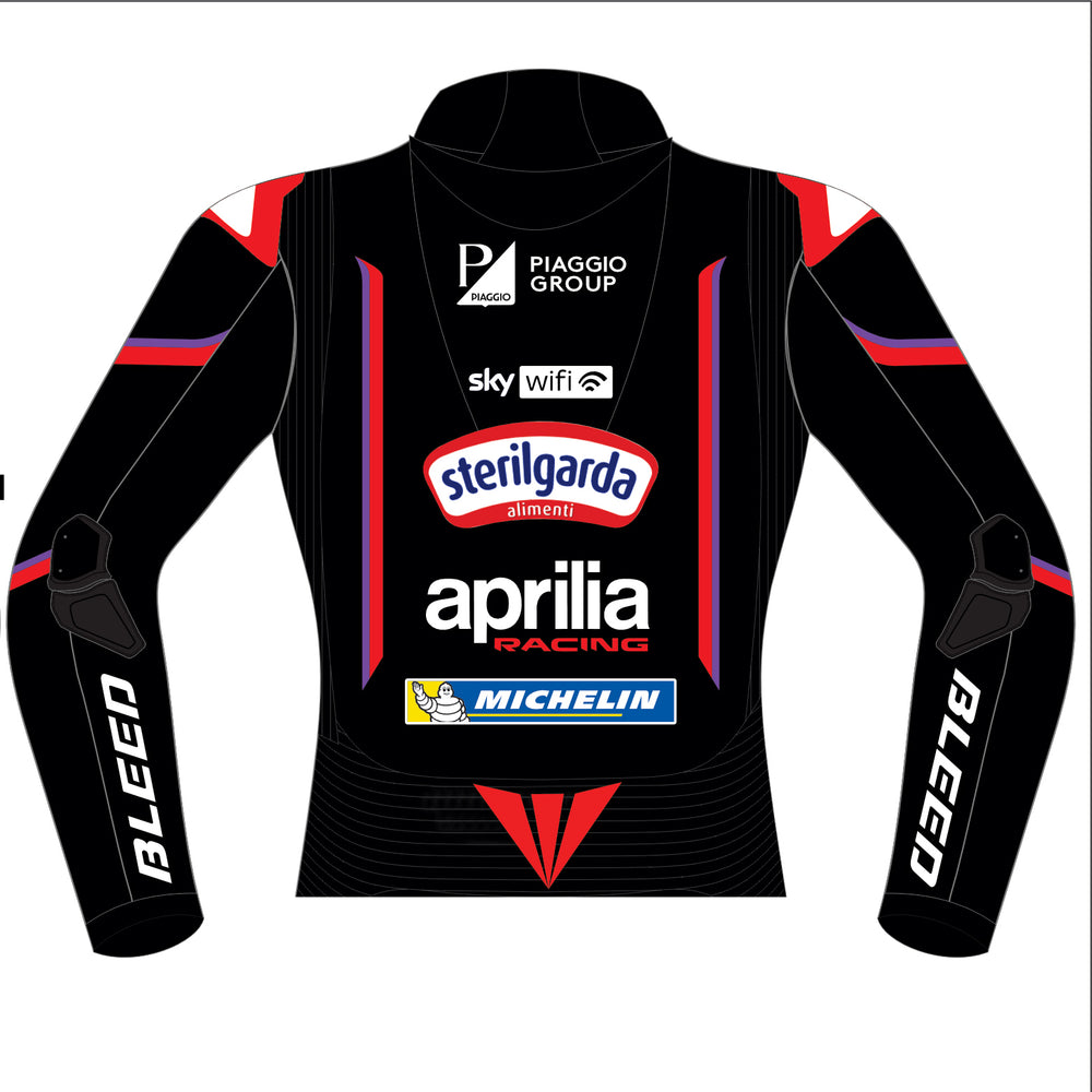 Marco Bezzecchi Aprilia Racing 2025 MotoGP leather racing jacket back view in black with red and purple accent lines and elbow sliders
