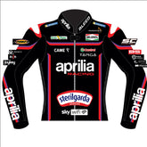 Marco Bezzecchi Aprilia Racing 2025 MotoGP leather racing jacket front view in black with red and purple accents and Aprilia Racing graphics