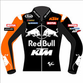 Maverick Viñales Red Bull KTM 2025 MotoGP winter test leather racing jacket front view in black and orange with white team graphics