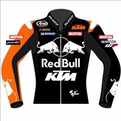 Maverick Viñales Red Bull KTM 2025 MotoGP winter test leather racing jacket front view in black and orange with white team graphics