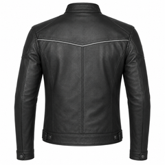Back view of men's black café racer leather jacket with white chevron piping and snap waist adjustment tabs – Bleed Racing Gears