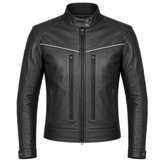Men's black café racer leather jacket, slim fit, with white accent piping, stand band collar, and dual chest zip pockets – Bleed Racing Gears