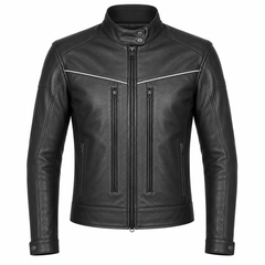 Men's black café racer leather jacket, slim fit, with white accent piping, stand band collar, and dual chest zip pockets – Bleed Racing Gears