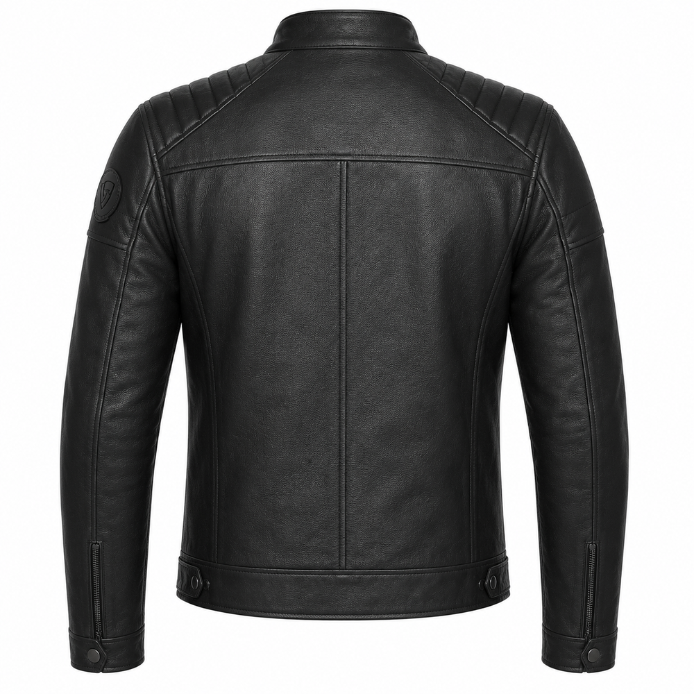 Men's black cowhide leather motorcycle jacket back view with quilted shoulder panels