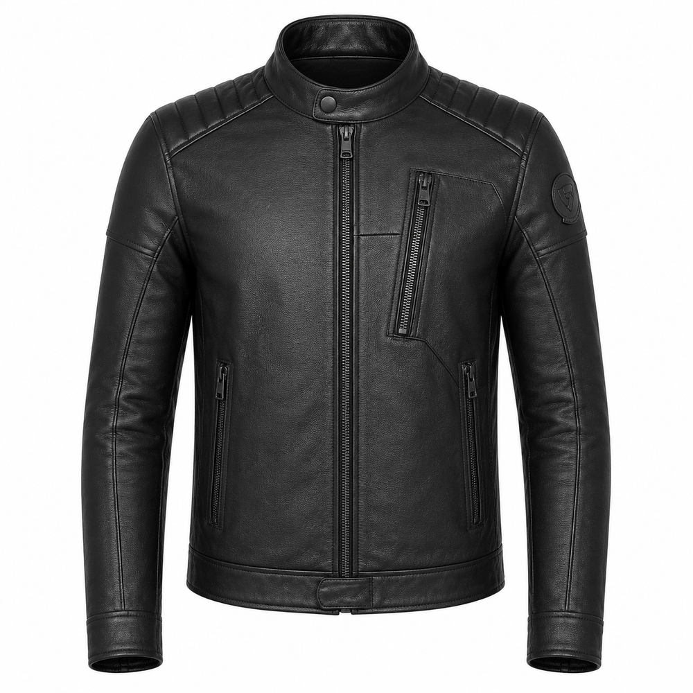 Men's black cowhide leather motorcycle jacket front view café racer style with chest zip pocket