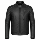 Men's black cowhide leather motorcycle jacket front view café racer style with chest zip pocket