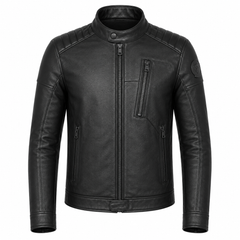 Men's black cowhide leather motorcycle jacket front view café racer style with chest zip pocket