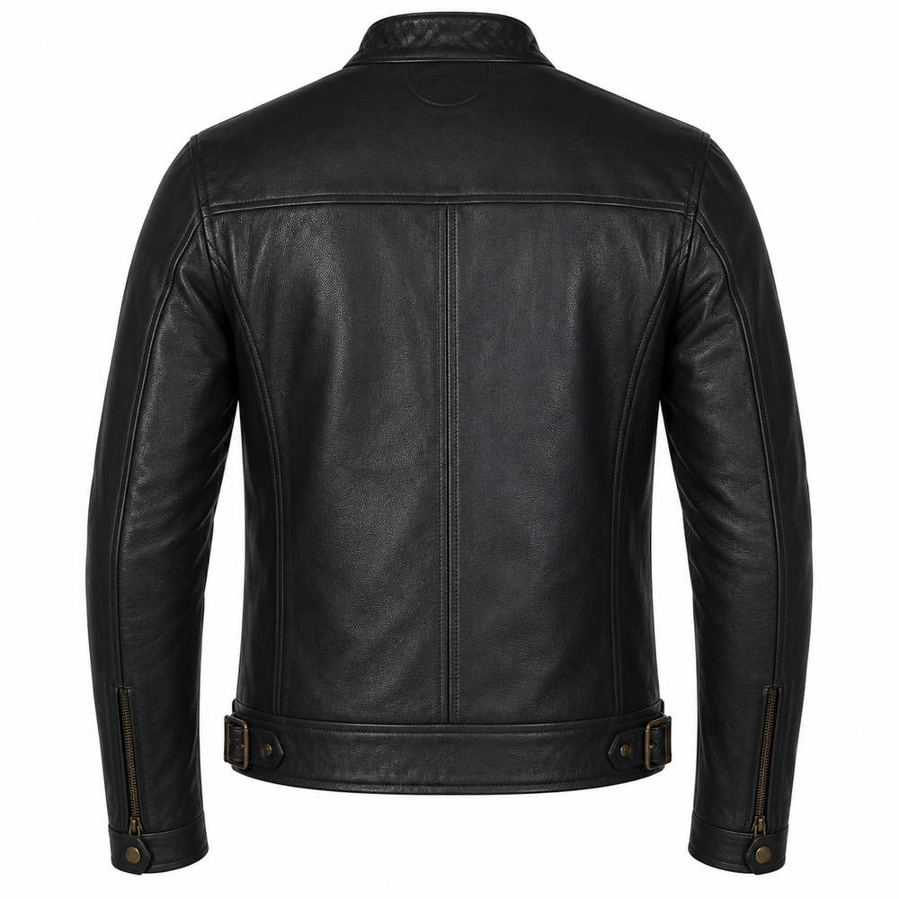 Men's black heritage rider cowhide leather motorcycle jacket back view with adjustable belt hem and brass cuff zippers