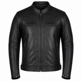 Men's black heritage rider cowhide leather motorcycle jacket front view with dual chest pockets and antique brass hardware