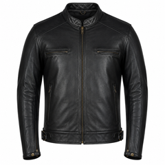 Men's black heritage rider cowhide leather motorcycle jacket front view with dual chest pockets and antique brass hardware