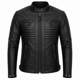 Men's black ribbed moto cowhide leather motorcycle jacket front view with horizontal chest ribbing and dual chest zip pockets