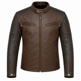 Men's brown and black two-tone cowhide leather motorcycle jacket front view with quilted arm panels and dual chest zip pockets