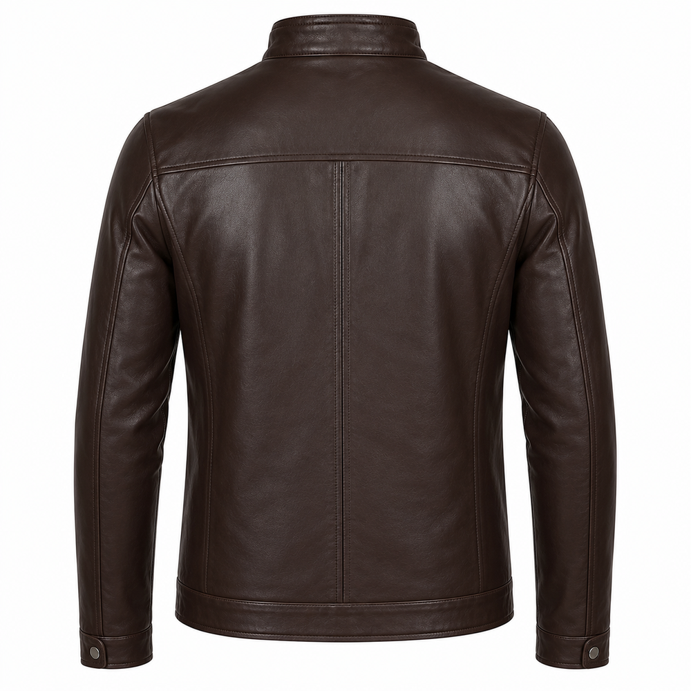 Men's brown cowhide leather motorcycle jacket back view with clean panel stitching and snap button cuffs