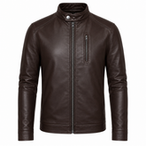 Men's brown cowhide leather motorcycle jacket front view classic rider style with chest zip pocket and band collar