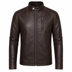 Men's brown cowhide leather motorcycle jacket front view classic rider style with chest zip pocket and band collar