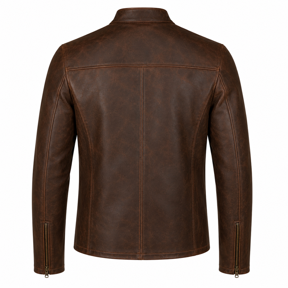 Men's brown vintage café racer cowhide leather motorcycle jacket back view with clean panel stitching and brass cuff zippers