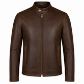 Men's brown vintage café racer cowhide leather motorcycle jacket front view with antique brass zipper and two hand pockets