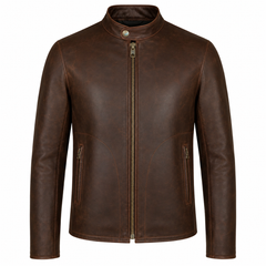 Men's brown vintage café racer cowhide leather motorcycle jacket front view with antique brass zipper and two hand pockets