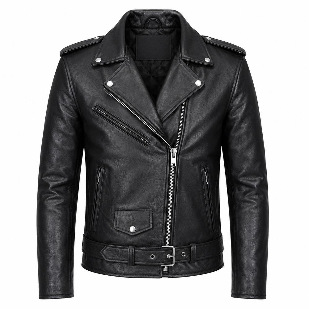 Men's classic Perfecto cowhide leather biker jacket front view with asymmetric zip, wide lapels and waist belt