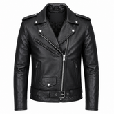 Men's classic Perfecto cowhide leather biker jacket front view with asymmetric zip, wide lapels and waist belt