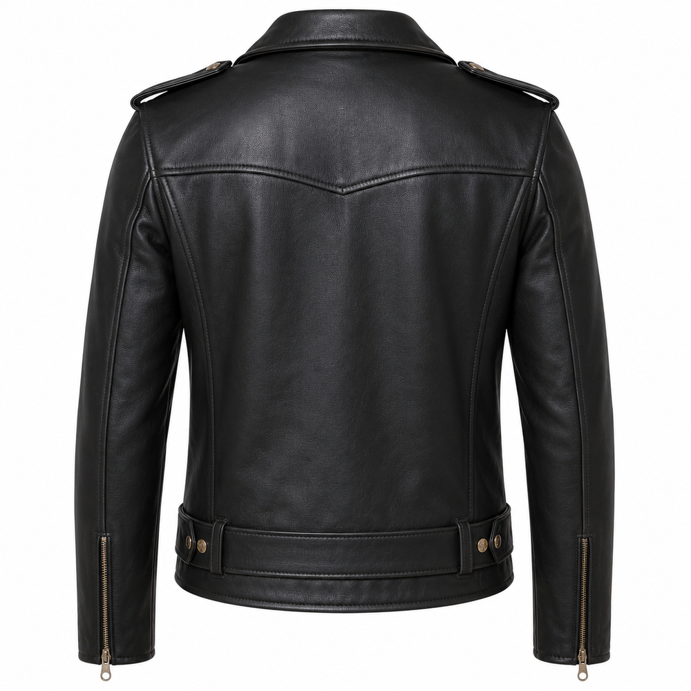 Men's gold edition Perfecto cowhide leather biker jacket back view with V-panel stitching gold hardware and waist belt