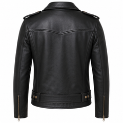 Men's gold edition Perfecto cowhide leather biker jacket back view with V-panel stitching gold hardware and waist belt